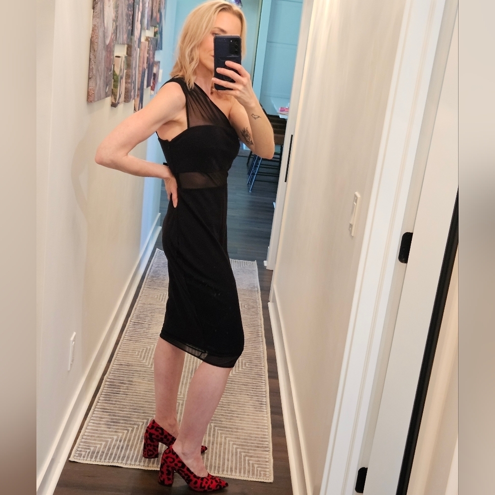 Express Black One-Shoulder Sheer Panel Bodycon Dress - Size 8 - Picture 4 of 16